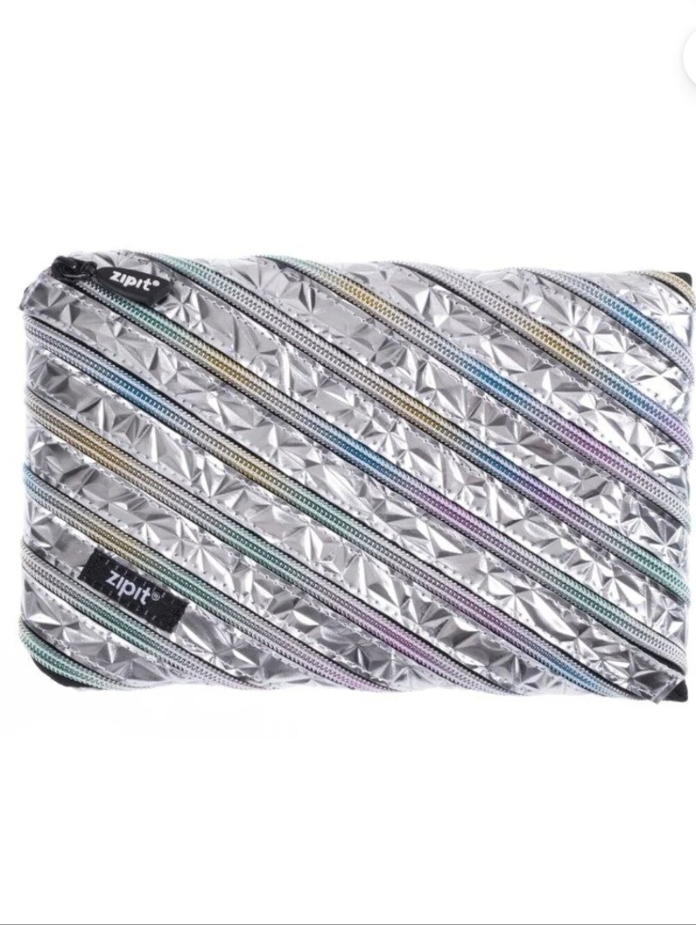 ZIPIT Metallic Quilted Multi-Zipper Cosmetic Pouch - Silver with Pastel Accents